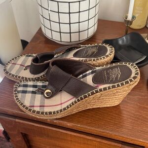 Burberry Checkered Wedge Sandals with Brown Straps
